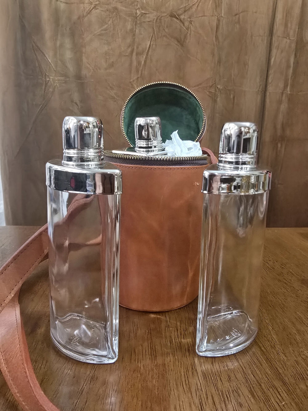 Rare Fortnum & Mason Tan Leather Traveling Bar Set Suede Interior 3 Decanters